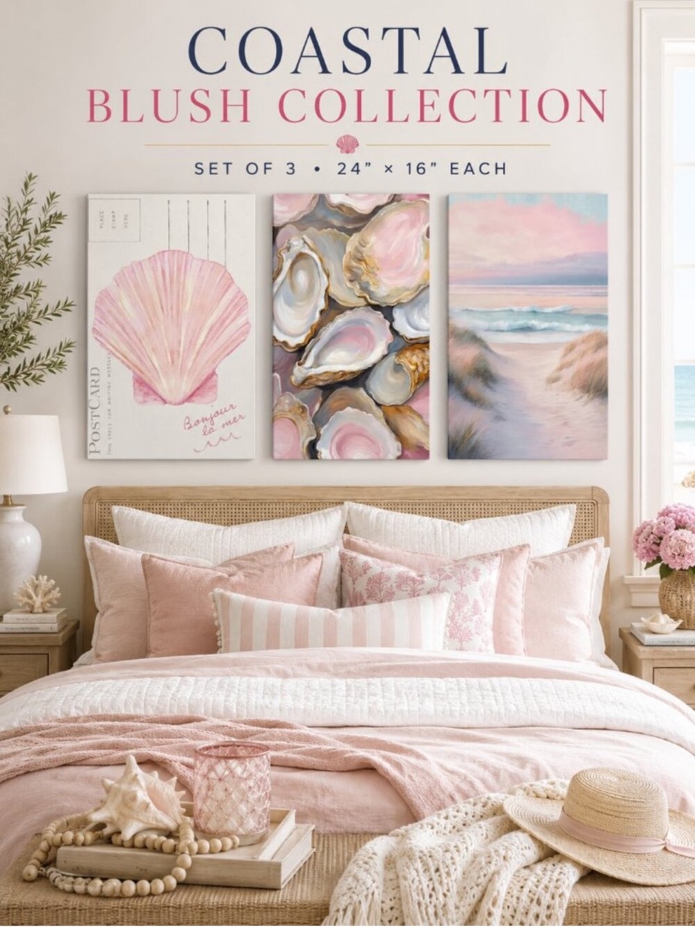 Set of 3 • Coastal Wall Art Canvas Prints Pink Seashell Oyster Beach • NEW